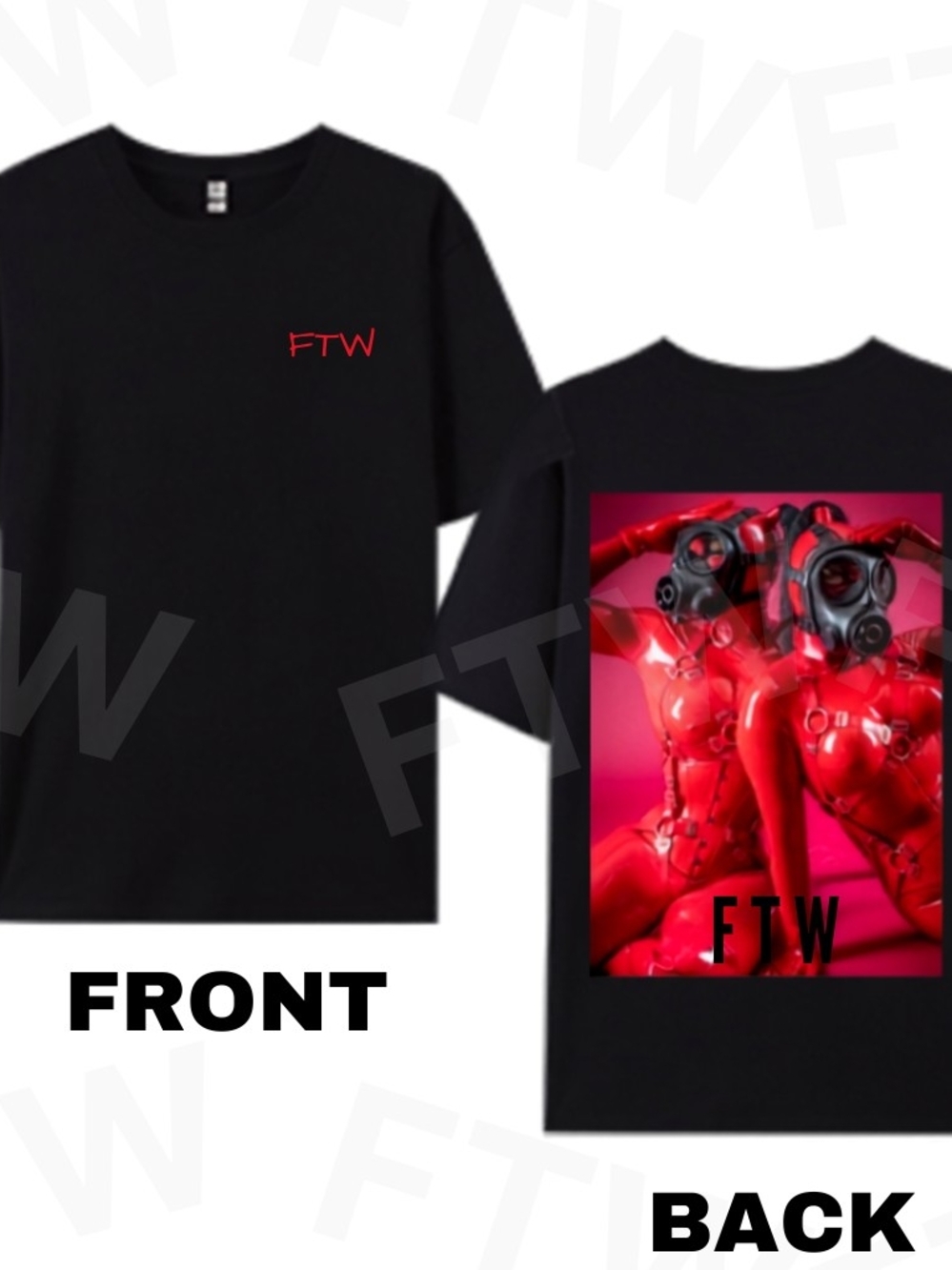 Mens "FTW" Graphic Tee Crew Back Artwork Feat. Latex Woman In Gas Masks In Vivid